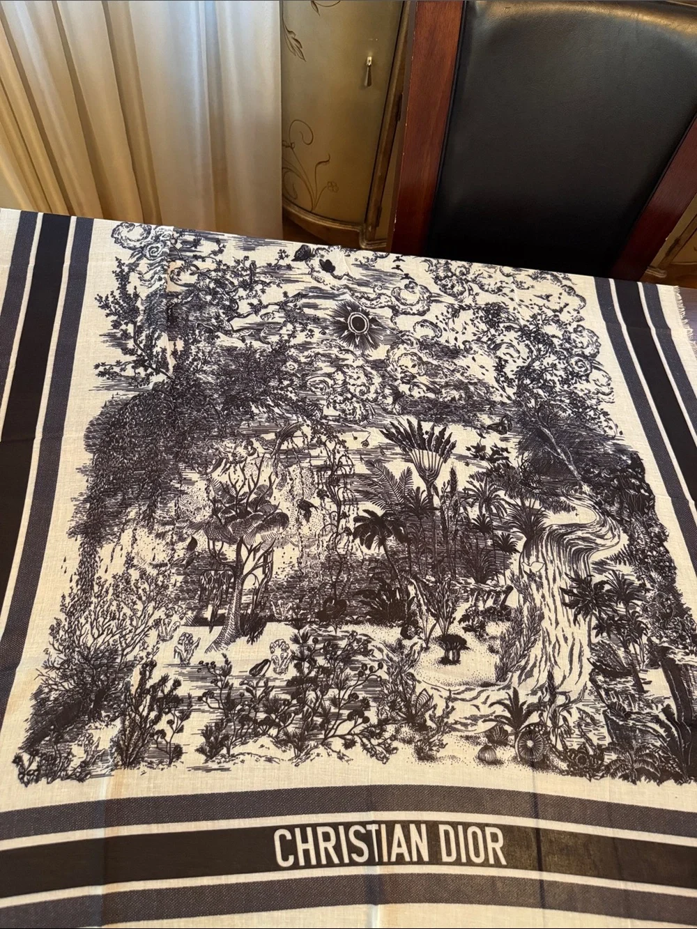 Dior Black and Cream Botanical Toile Throw with Christian Dior Border